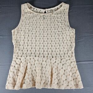 B Jewel Cream Lace Peplum Top Womens L Sleeveless Crochet Ruffle Flare